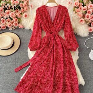 Spring Autumn Women's Print Medium Long Dresses V-